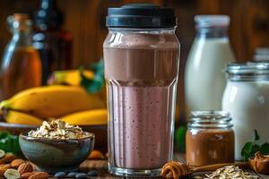 ai generato un' proteina shake pieno con un' frullato professionale pubblicità cibo fotografia foto