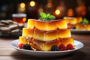 ai generato un' flan su un' piatto con su superiore cucina tavolo professionale pubblicità cibo fotografia foto