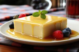 ai generato un' flan su un' piatto con su superiore cucina tavolo professionale pubblicità cibo fotografia foto