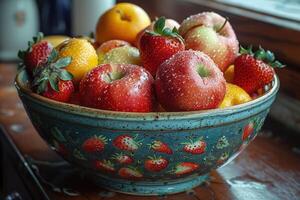 ai generato prima colazione con un' fresco frutta ciotola pubblicità cibo fotografia foto