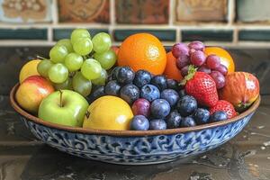 ai generato prima colazione con un' fresco frutta ciotola pubblicità cibo fotografia foto