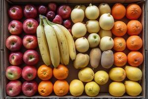 ai generato fresco frutta e verdure nel il scatola pubblicità cibo fotografia foto