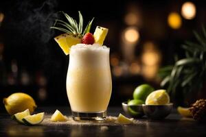 ai generato Pina colada cocktail con ananas e lamponi su buio sfondo. commerciale promozionale foto