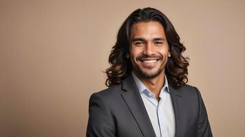ai generato ritratto di sorridente latino uomo con lungo capelli su monocolore sfondo foto