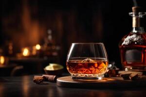 ai generato bottiglia e bicchiere di whisky o Cognac su buio sfondo. commerciale promozionale foto