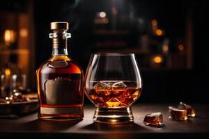 ai generato bottiglia e bicchiere di whisky o Cognac su buio sfondo. commerciale promozionale foto