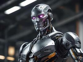 ai generato futuristico meccanico acciaio robot con raggiante viola occhi nel un' fabbrica concettuale ritratto foto