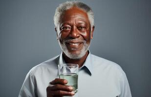 ai generato anziano uomo contemplando con acqua foto