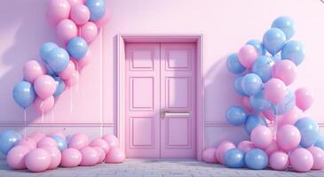 ai generato blu porta e palloncini sopra rosa parete foto
