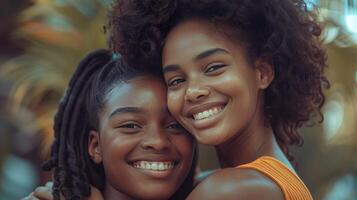 ai generato un africano americano madre Abbracciare una persona sua adolescenziale figlia con sorrisi foto