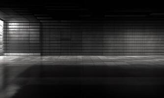 vuoto spazio di parcheggio mattoni cemento pavimento con grigio colore rotolamento otturatore porta sfondo nel 3d illustrazione. foto
