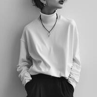 ai generato nero e bianca Immagine di un' persona nel elegante abbigliamento con un' collo alto superiore e minimalista gioielleria foto