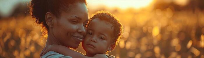 ai generato un' tenero momento catturato fra un' madre e sua giovane bambino nel il caldo splendore di tramonto nel un' campo foto