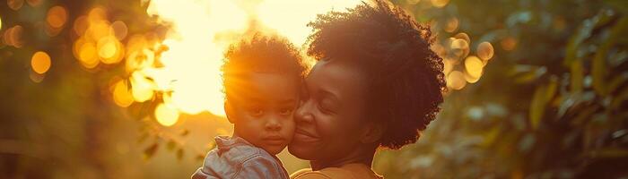 ai generato un' tenero momento catturato fra un' madre e sua giovane bambino nel il caldo splendore di tramonto nel un' campo foto