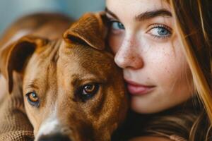 ai generato un' donna con penetrante blu occhi teneramente abbraccia un' Marrone cane, in mostra un' in profondità legame fra umano e animale. foto