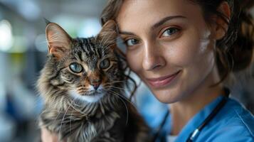 ai generato ritratto di contento femmina veterinario assunzione cura di gatto a ricezione nel veterinario clinica foto