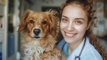 ai generato ritratto di contento femmina veterinario assunzione cura di cane a ricezione nel veterinario clinica foto