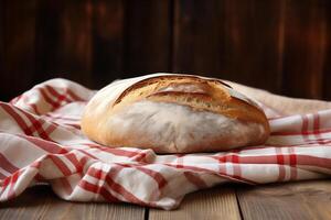 ai generato appena al forno rustico pane su un' tovagliolo su un' di legno sfondo foto