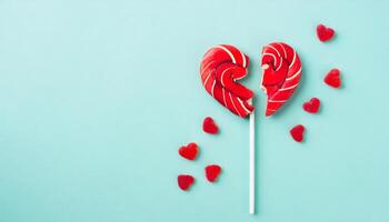 ai generato San Valentino giorno concetto con rotto rosso lecca-lecca cuore su pastello blu sfondo superiore Visualizza. piatto posare saluto carta.. foto