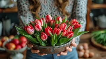 ai generato donna Tenere ciotola di rosso tulipani foto