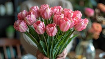 ai generato donna Tenere ciotola di rosso tulipani foto