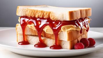 ai generato un' delizioso Immagine di un' arachide burro e gelatina Sandwich, con cremoso arachide burro e dolce gelatina su morbido, bianca pane foto