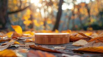ai generato Schermo il tuo di legno prodotti su un' minimalista podio contro un' sfondo di sfocato natura le foglie foto