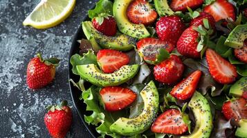 ai generato un' fragola avocado insalata, con maturo avocado fette, succoso fragole, e misto verdura foto