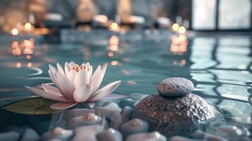 ai generato un' tranquillo terme ambiance con un' acqua giglio e zen pietra nel un' sereno piscina foto