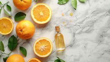 ai generato agrume essenziale olio, vitamina c anti età siero, bellezza cura, o aromaterapia foto