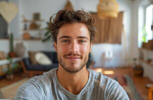 ai generato sorridente uomo con lungo capelli e barba foto