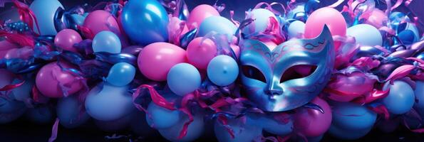 ai generato un' blu e viola mardi gras maschera con rosa palloncini foto