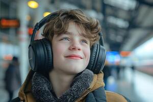 ai generato adolescenziale ragazzo nel cuffie ascolta per musica a un' la metropolitana stazione. foto