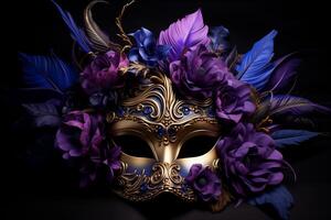 ai generato un' viola mardi gras veneziano maschera con piume e fiori su un' nero sfondo foto