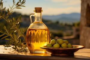 ai generato bottiglia di oliva olio con olive su il sfondo di un oliva giardino foto
