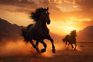 ai generato un' gruppo di grazioso nero cavalli al galoppo lungo il sabbia a tramonto foto