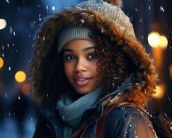 ai generato ritratto di un' giovane bellissimo afro americano ragazza nel un' cappello nel un' inverno notte città foto