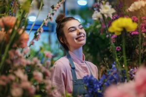 ai generato giovane femmina fioraio sorridente tra fiori nel un' fiore negozio foto