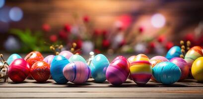 ai generato colorato Pasqua uova su un' di legno pavimento foto