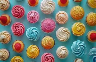 ai generato colorato cupcakes disposte nel vario forme foto