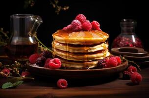 ai generato Pancakes su impilati di legno piatto con Smalto e lamponi foto