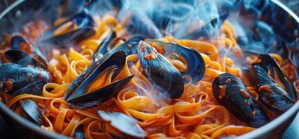 ai generato pasta, cozze e rosso vino nel un' padella, buio arancia e blu foto