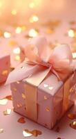 ai generato regalo scatola con oro coriandoli su un' rosa sfondo foto