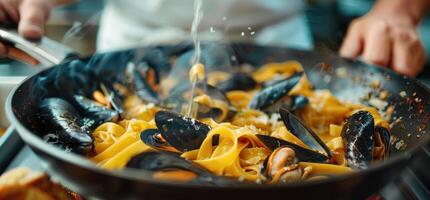 ai generato pasta, cozze e rosso vino nel un' padella, buio arancia e blu foto