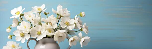 ai generato bianca Pasqua cestino con fiori nel il vaso foto