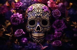 ai generato il zucchero cranio è decorato con giallo fiori e violette foto