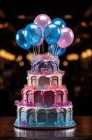 ai generato un' illuminato compleanno torta con palloncini seduta su superiore foto