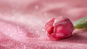 ai generato un' sbalorditivo rosa tulipano riposa su un' letto di rosa polvere foto