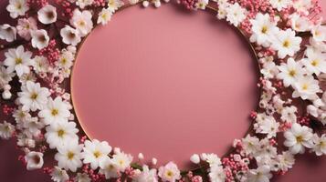 ai generato cerchio di bianca fiori su rosa e verde sfondo foto