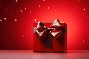 ai generato Natale regalo arco e nero scatola su rosso sfondo foto